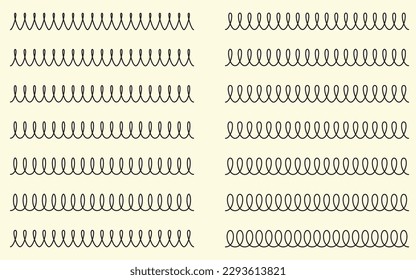 Springs of various scales and sizes for physics and science. Hooke's low. Physics of metal springs. Flexible metal elastic spiral springs. Flexion of three springs by weight. White background. Physica