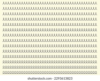 Springs of various scales and sizes for physics and science. Hooke's low. Physics of metal springs. Flexible metal elastic spiral springs. Flexion of three springs by weight. White background. Physica