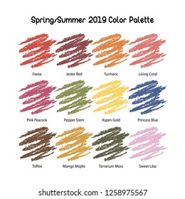 Spring/Summer 2019 Color Palette. Color swatch concept modern  style. Color palette guide. Hand-drawn charcoal strokes. Design guide, catalogue. Vector  illustration EPS 10