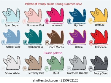  Spring-summer 2022 trendy color palette. Collection of abstract cats with pattern and name of the color of the year. Fashion, template, poster, advertising Vector digital illustration