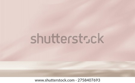 Spring,Summer blurred light pink background and shadow of tree leaves,sunlight pink wall,cream floor.3d vector studio background,Abstract Spring Summer scene for product display,Empty Interior room 