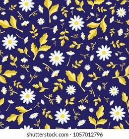 Spring/summer camomile flowers seamless vector pattern with yellow leaves on dark blue background