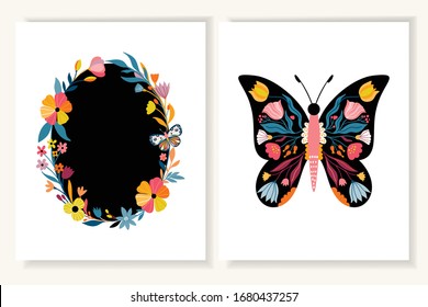 Spring/summer card/invitation/ wedding set with two decorative templates, floral butterfly and floral wreath