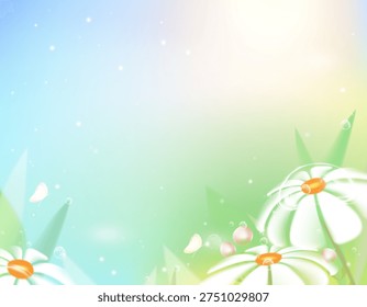 Spring,Summer pastel background,Raindrop bubble on Spring flowers,Soft gradient sky,light  effect.Vector 3d Seasonal floral for Easter banner,greeting card,Motherd Day,social media,holiday design 