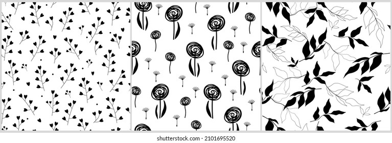 Spring-summer seamless pattern set is a simple, abstract, minimalistic monochrome set. Delicate flowers, dandelions, leaves, branches. Vector graphics.