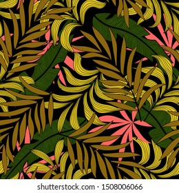 Spring-summer seamless tropical pattern with plants and leaves in shades of green and red on a gray background. Tropical botanical. Modern abstract design for fabric, paper, interior decor.