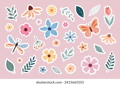 Spring-summer set of stickers with butterflies and flowers