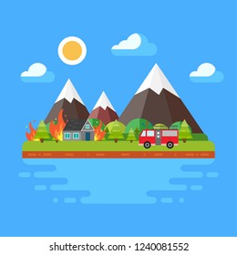 Spring/summer trendy landscape in flat design, trees, sun, clouds, mountains, fire and fire machine. Concept of fire in the wood. Flat vector illustration.