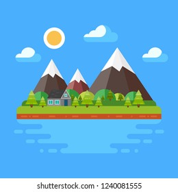 Spring/summer trendy landscape in flat design, trees, sun, clouds, mountains. Flat vector illustration.