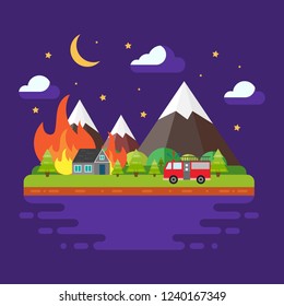 Spring/summer trendy landscape in flat design, trees, clouds, mountains, fire and fire machine. Concept of fire in the wood. Night flat vector illustration.
