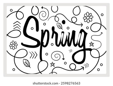 Spring-themed black and white illustration surrounded by flowers and leaves. A joyful spring celebration. Spring Flourishing concept. Flat vector illustration.
