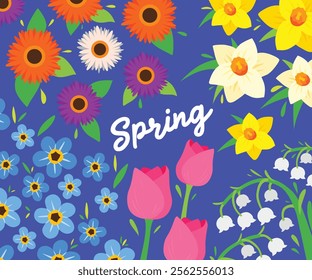 Spring-themed design with a blue background featuring forget-me-nots, tulips, daffodils, lily of the valley, and gerbera daisies. Perfect for seasonal designs, floral art, and creative projects.