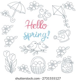 Arte Doodle Temático de Primavera con Elementos de Naturaleza y Lindos Saludos para La Decoración de Temporada