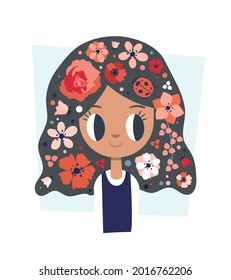 Spring-Themed Girl with ladybug and red flowers