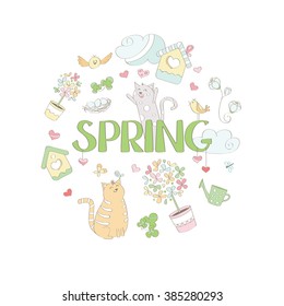 A spring-themed graphic medley. Isolated vector design elements on a white background. Hand drawn.  Doodle style.  Vector illustration.