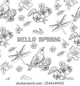 Spring-themed hand-drawn illustration featuring flowers, birds, and insects on a white background. Hand-Drawn Spring Illustration with Flowers, Birds, and Insects.Spring Flowers, Birds, and Insects on