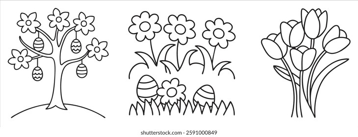 Spring-themed line art featuring a tree, flowers, and tulips with Easter eggs.