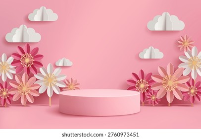 Spring-themed pastel 3D podium scene with paper-cut style flowers and clouds on a soft pink background. Decorative floral composition with a cylindrical platform, for product display, seasonal promotions, and feminine branding.