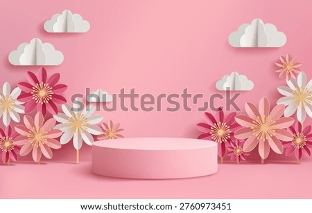 Spring-themed pastel 3D podium scene with paper-cut style flowers and clouds on a soft pink background. Decorative floral composition with a cylindrical platform, for product display, seasonal promotions, and feminine branding.