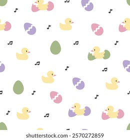 Spring-Themed Pattern with Baby Ducks and Eggs. Perfect for Easter-themed crafts, children's designs, nursery decorations, and spring festival graphics.