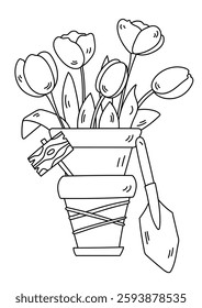 Spring-Themed Stress Relief Coloring Page With A Pot Of Tulips