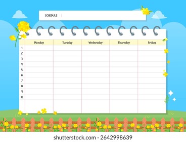 Spring-themed weekly school timetable with yellow flowers and blue sky – cute kids planner illustration. vector illustration.