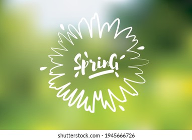 Springtime Abstract vector illustration with copy space LIne flower with calligraphy inscription on green blurred background
