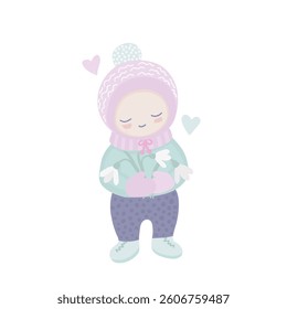 Springtime art of a little kid smiling and holding snowdrops. The cute character is dressed in warm outerwear. This kind illustration in soft pastel colors is suitable for prints, cards, stickers etc.