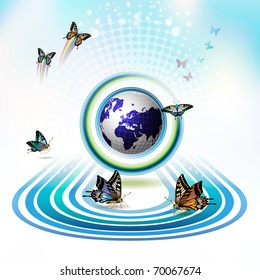 Springtime background with butterflies around the blue Earth, vector illustration