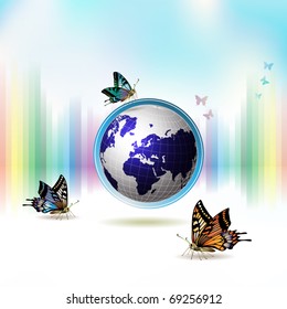 Springtime background with butterflies around the Earth, vector illustration