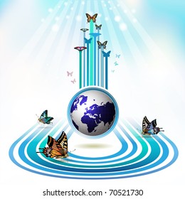 Springtime background with butterflies around the Earth, vector illustration