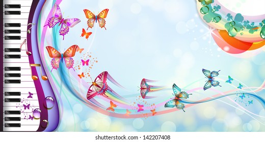 Springtime background with butterflies and piano keys