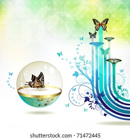 Springtime background with butterflies and stripes