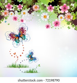 Springtime background with flowers and butterflies