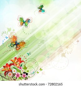 Springtime background with flowers and butterflies