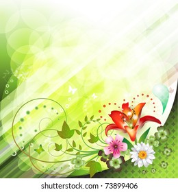 Springtime background with flowers and butterflies