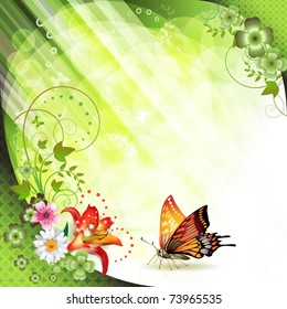 Springtime background with flowers and butterflies