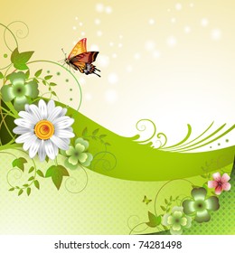 Springtime background with flowers and butterflies