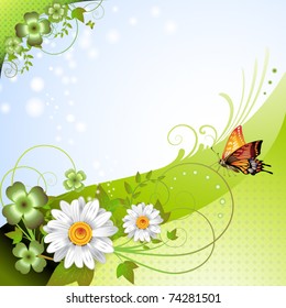 Springtime background with flowers and butterflies