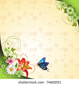 Springtime background with flowers and butterflies