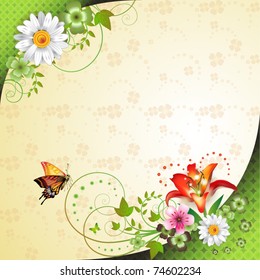 Springtime background with flowers and butterflies