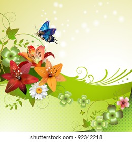 Springtime background with flowers and butterflies