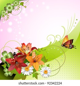 Springtime background with flowers and butterflies