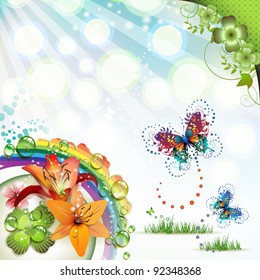 Springtime background with flowers and butterflies