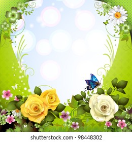 Springtime background with flowers and butterflies