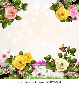 Springtime background with flowers and butterflies