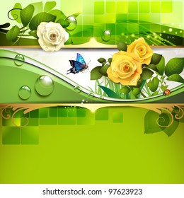 Springtime background with roses and butterfly