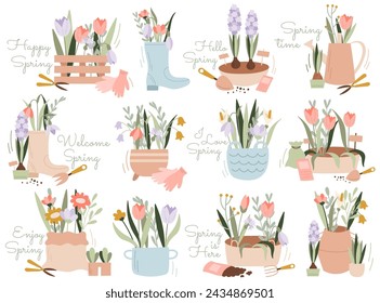 Springtime balcony gardening tools and equipment, floral eco composition for interior and exterior decoration set vector illustration. Flowers and branches growing in rubber boot, basket or vase pot