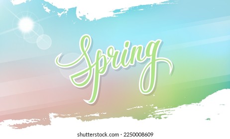 Fondo borroso en primavera con sol brillante, letras a mano y pinceladas para su diseño gráfico de la temporada de primavera. Ilustración vectorial.