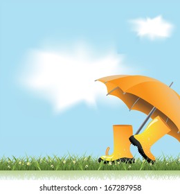 Springtime boots and umbrella background. EPS 10 vector, grouped for easy editing. No open shapes or paths.